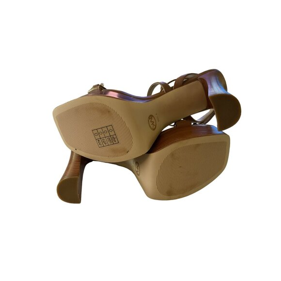 Michael Kors Paola Chain Embellished Leather Brown Platform Sandal Heels 7.5 - Picture 7 of 9